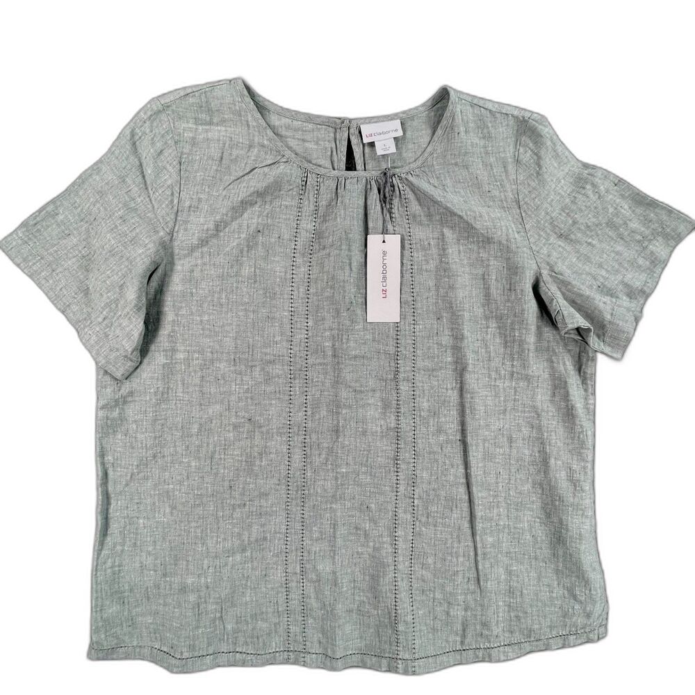 NWT Liz Claiborne Linen Cotton Pintuck Short Sleeve Blouse L Forest Green - Picture 9 of 11